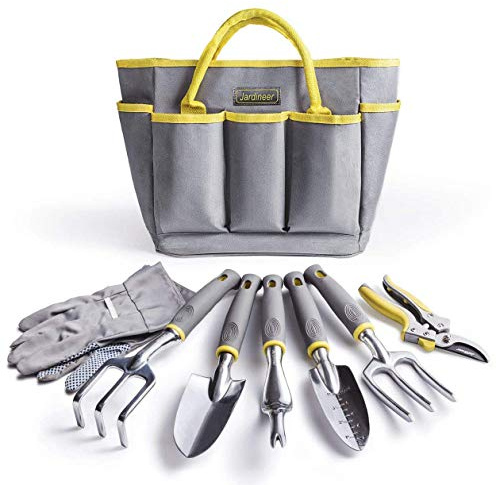 Jardineer Garden Tools Set, 8PCS Heavy Duty Garden Tool Kit with Outdoor Hand Tools, Garden Gloves and Storage Tote Bag, Gardening Tools Gifts for Women and Men