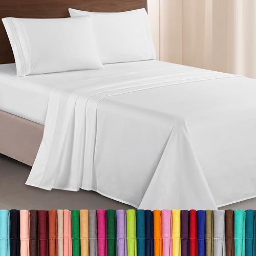 Elegant Comfort Juego de sábanas de Microfibra Lujoso de 1500 Hilos Hotel, de Tres líneas Bordadas, 4 Piezas, Resistente a Las Arrugas y decoloración, tamaño Completo, Blanco