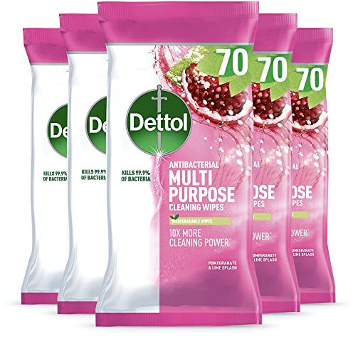 Dettol Antibacterial Multipurpose Disinfectant Wipes, Pomegranate Scent, 5 Pack of 70 (Total 350), Germ Protection, Surface Cleaner, Hygienic, Convenient, Fresh Fragrance