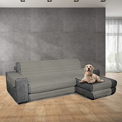 INTRECCI Funda sofá Acolchada para Chaise Longue Derecha y Izquierda Reversible Simple de Color Liso, cubresofá Resistente al Agua y Antimanchas - Gris, 3 Plazas (Asiento 240 cm) + Península