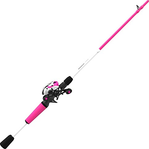 Zebco Roam Baitcast Rolle und Angelrute Combo, 1,8 m 15,2 cm 2-teilige Fiberglas-Angelrute mit geteiltem Griff MaxTac Rutengriff, Leichter Graphitrahmen, Rechtshänder-Apportierung, Rosa