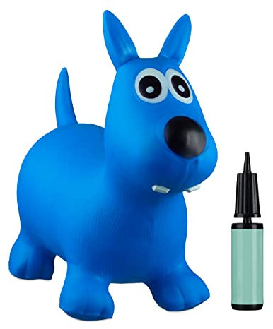 Relaxdays 1 x Hüpftier Hund, inklusive Luftpumpe, Hüpfhund bis 50 kg, Hopser BPA frei, für Kinder, Hüpfspielzeug, blau
