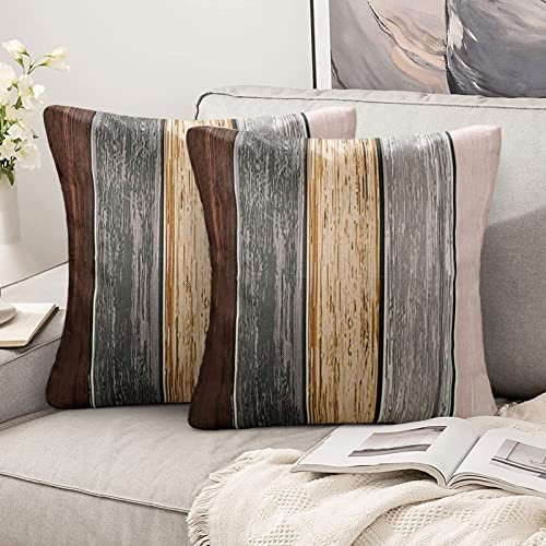Housses de Coussin 40x40 Gris Marron Lot de 2 Housses de Coussin 40 x 40 Lin Marron Moderne Taie D’Oreiller Decoratif Carré À Rayures Bois Coussin pour Canapé Canapé Voiture Décoration Intérieure