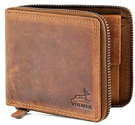 Fa.Volmer ® Portafoglio da uomo in vera pelle con chiusura lampo perimetrale, protezione RFID, portamonete con porta gettoni per carrello della spesa, marrone, Rétro