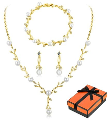 Toplstud Hochzeit Schmuckset Silber 925 Damen, Gold Halskette Armband Ohrringe in Form eines Blattes mit Perlen und Zirkonia, Hochzeitstag Geschenke für Braut Frauen