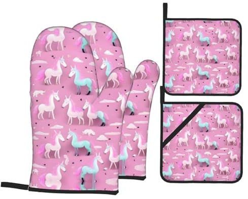 Ofenhandschuhe und Topflappen mit rosa Einhörnern, rutschfeste Topflappen für die Küche, dicke Topflappen zum Backen und Grillen