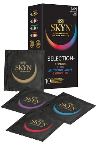 SKYN Selection+: 10 préservatifs sans latex pour hommes / 4 Original, 2 Elite, 2 Elite Extra Lubrifié, 2 Intense Feel/Technologie SKYNFEEL