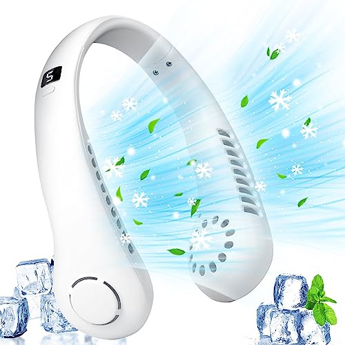 Doramier Ventilateur de Cou Portable, 5 Vitesses,flux d’air à 360°,USB Ventilateur de cou sans lame,casque ventilateur de cou pour les voyages, le sport, le camping (white)