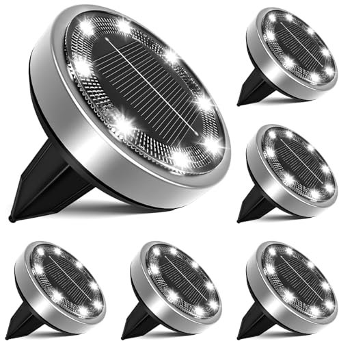 nipify Luci Solari da Giardino, 6 Pezzi Lampade Solari da Giardino da Terra 8 LEDs Sepolta Faretti da Giardino Impermeabile per Esterno, Prato, Scala, Vialetto (Bianco Freddo)