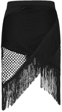 Hdhdeueh Falda con flecos para mujer, dobladillo asimétrico, falda con flecos para danza latina, Negro, 36