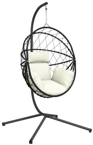 vidaXL Hängesessel, Hängestuhl Ei-Design mit Ständer, Eierstuhl für Wohnzimmer, Schaukelsessel Eiersessel, Modern, Beige Rattan Stahl