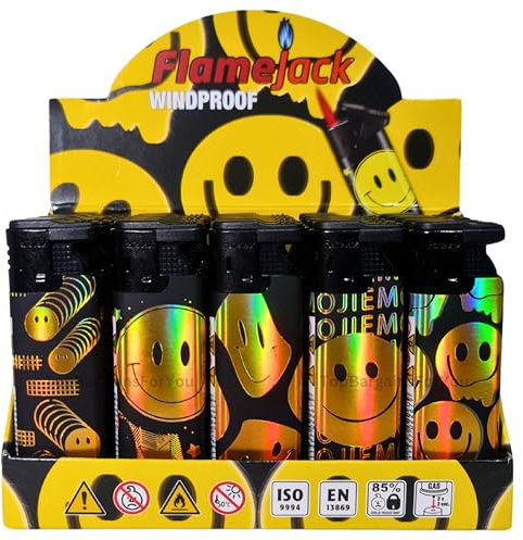 Zactly - 5 x FlameJack Colourful Windproof Dustproof Jet Lighters Really Powerful – LIMITED EDITION (Golden Smile)