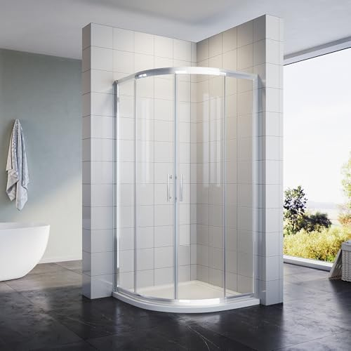 SONNI Cabine de douche quart de cercle 90 x 90 cm - Douche ronde - Entrée d'angle - Avec receveur de douche ovale - Profil bas - Rayon 550 mm - Extra plate - SMC - Avec bonde