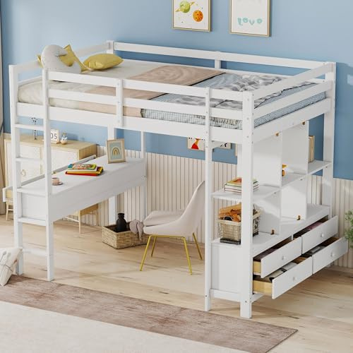 Lcoho Letto a soppalco, 140 x 200 cm Letto a soppalco per bambini con cassetti contenitori e scrivania sotto il letto, senza materasso, bianco