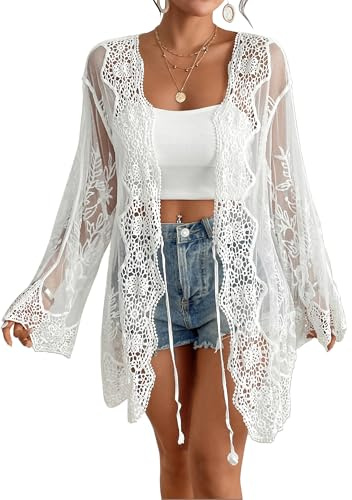 Bsubseach Womens Bathing Suit Cover Up Swimwear 2025 Back Cut Out Mesh Swimsuit Coverup Sheer Floral Beach Kimono Summer Cardigan(Cream White)