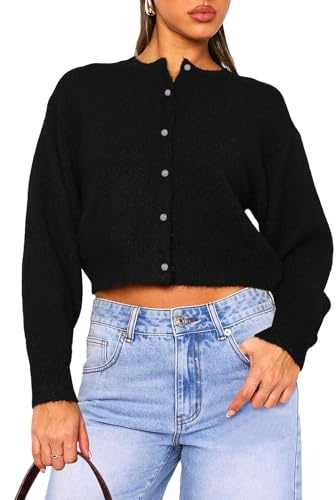 Coloquin Women Long Sleeve Cardigan Jumper Button Down Open Front Knit Cropped Cardigan Sweater Black M