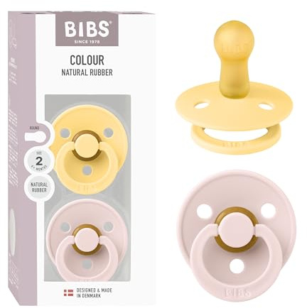 BIBS Ciuccio colorato, confezione da 2 pezzi, senza BPA, tettarella rotonda, in lattice di gomma naturale, Made in Danimarca, misura 2 (6-18 mesi), colore: burro/petalo
