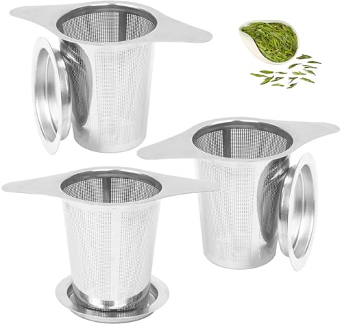 Filtro da tè in acciaio inox 304, con coperchio, con manico largo, per teiere, tazze, tazze per infusione di foglie di tè, colino sfuso, infusore per tè sfuso (3 pezzi)