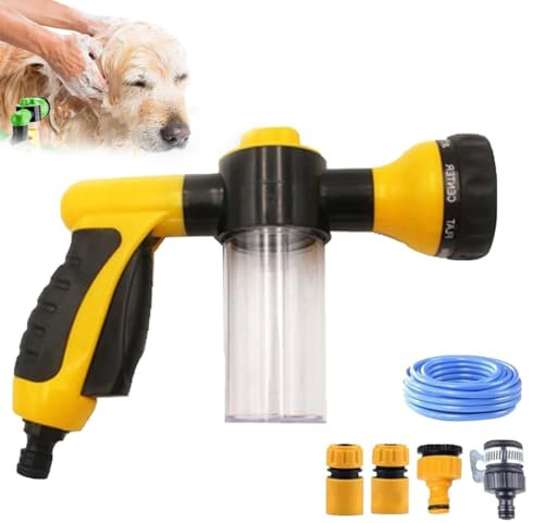 Pet Shower Jet, Dog Washing Hose Attachment for Outside, Dog Shampoo Sprayer 8-in-1 Sprayer Mode Garden Hose Nozzle with 3.5oz Soap Dispenser, 10m Water Pipe for Watering Flowers, Car Washing (Yellow)