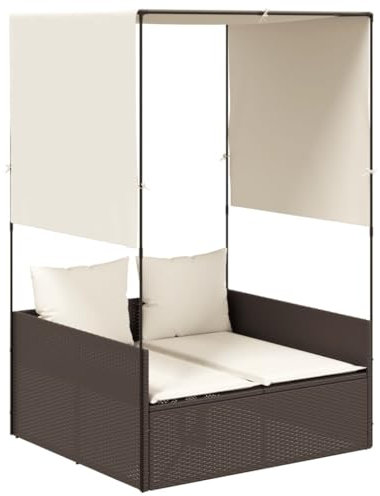 Eleganz Doppel-Sonnenliege mit Dach & Vorhängen - PE-Rattan & Pulverbeschichteter Stahl - Perfekt für Garten & Terrasse - Robust & Stilvoll