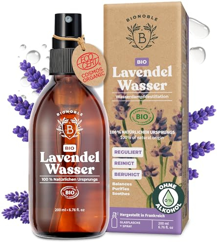 BIONOBLE Idrolato di Lavanda Bio e 100% di Origine Naturale - Lenisce, Purifica e Regola - Acqua di lavanda per Acne - Viso, Corpo, Capelli - Bottiglia di Vetro con Spray - Prodotto in Francia - 200ml