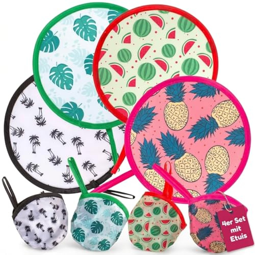 MIJOMA 4er Set Faltbare Taschenfächer mit Aufbewahrungstasche – Handfächer to go, kompakt & leicht, Ø 20 cm, ideal für unterwegs, Reisen & Festivals (Sun Vibes)