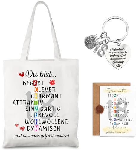 TUZELIYA 18.Geburtstag Frau Mann Baumwollbeutel mit Schlüsselanhänger Grußkarten, Geburtstagsgeschenk Verpackung mit Besonderen Designs, 18. Geburtstag Geschenk für Freundin Mama Kollegin 38 x 42 cm