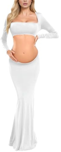 FEOYA maternità Vestito Maniche Lunghe Baby Shower Donna Gravida Dress per Foto Primavera Premaman Abito per Fotografia Elegante Vestito Cerimonia Photoshoot Party Estivo Bianco L