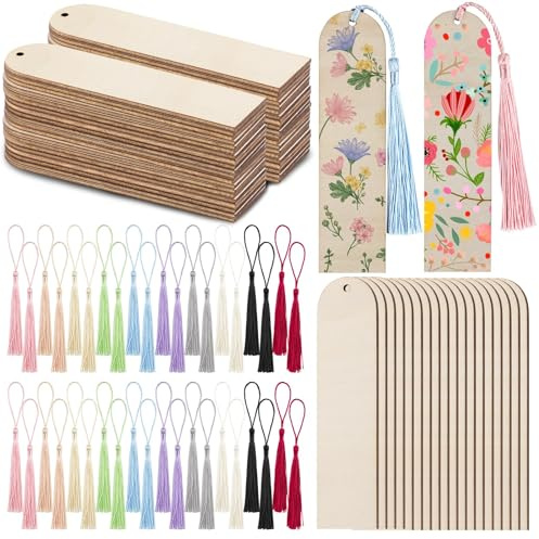 ktxaby 50 Stück Holz Blanko Lesezeichen Set mit 50 Bunten Quasten Halbkreis Rechteck Holz Lesezeichen mit Loch für DIY Handwerk Bastelbedarf Personalisierte Geschenke für Schule Lehrer Leser