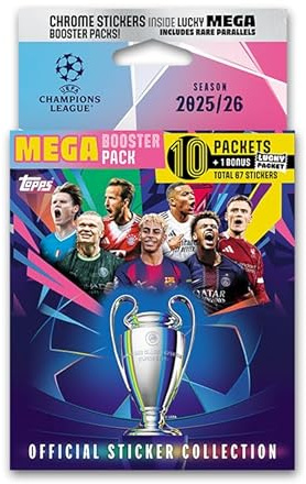 Adesivi Champions League 25/26 – Mega Booster Pack (contiene 67 adesivi).