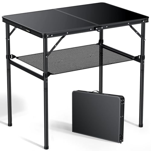 Anbte 3ft Camping Table Foldable with Storage Net, 3 Heights Max 29.5 Aluminum Camping Table with Portable Handle, Lightweight, for Travel Outdoor Beach Picnic Patio Indoor, 36 x 24, Pure Black