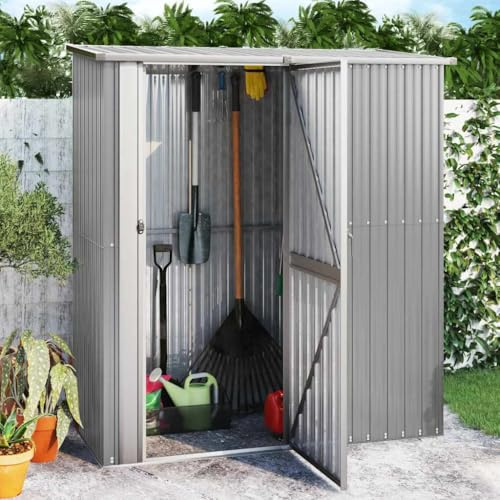 Geräteschuppen Grau 180,5x97x209,5 cm Verzinkter Stahl, Gartenhaus Metall Mit Boden Mit Schrägdach, Geräteschuppen Die Hütte Für Gartenwerkzeuge Und Zubehör