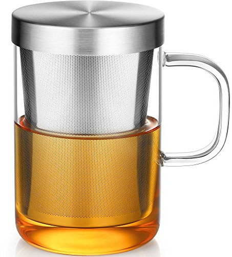 ecooe Taza de Te con Filtro y Tapa, 500ml (Capacidad completa) Plata Tazas de Te Grande de con Filtro de Acero Inoxidable y tapa, Taza con Filtro para Te Negro Te Verde Té de Frutas