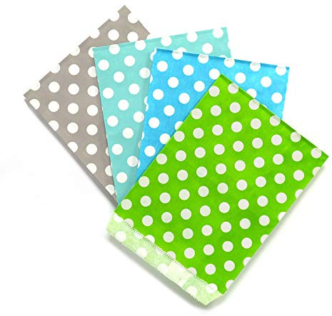 Frau WunderVoll® 100 PAPIERTÜTEN IM Set 21, 4x25 Stück: Taupe Punkte, türkis Punkte, beachblau Punkte, grün Punkte 13x16,5cm, 45Gramm Papier, flach/Hochzeit, Papiertütchen, Mitgebseltüten