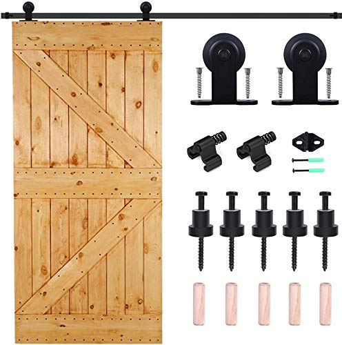 167cm (5.5FT) CCJH Skjutdörrsbeslag Set Skjutdörrssystem Ladugård Dörr Hårdvara Kit Set Svart T-form Toppfäste Hängare Rulldörr för Trä Enstaka Dörr