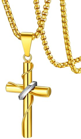 FaithHeart Collana con Croce da Uomo, Ciondolo Croce Cristiana, Acciaio Chirurgico Inossidabile 316L, Impermeabile, Tre colori, Catena 55+5cm, Regali Comunione Maschio