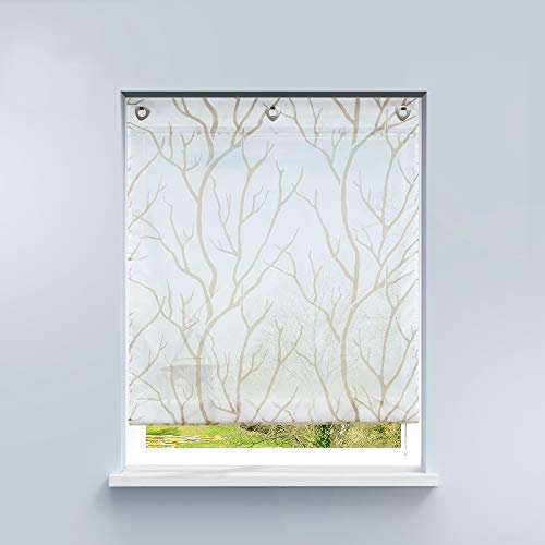HongYa Raffrollo ohne Bohren Transparente Raffgardine Voile Ösenrollo Küche Kleinfenster Gardine mit Hakenösen Äste Muster H/B 140/60 cm Weiß Sand