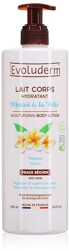 EVOLUDERM - Lait Corps Hydratant Monoï à la Folie - 500 ml - Ingrédients d'Origine Naturelle - Végan - Fabrication Française