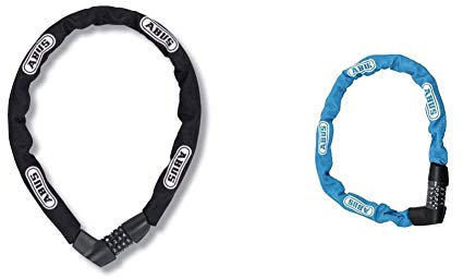 ABUS Kettenschloss Tresor 1385/110 – Zahlenschloss aus gehärtetem Stahl – 110 cm – Schwarz & Kettenschloss Tresor 1385/85 Aqua – Zahlenschloss aus gehärtetem Stahl – Sicherheitslevel 7 – 85 cm – Blau