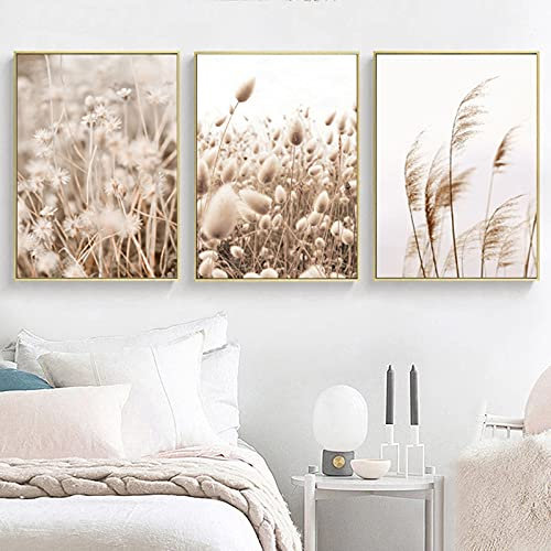 SWECOMZE Poster Set, 3 Bilder Set Wanddeko,Beige Pampas Wandbilder, Modern Bild für Wohnzimmer Schlafzimmer Flur,Wandposter, Ohne Rahmen (C,50x70cm)