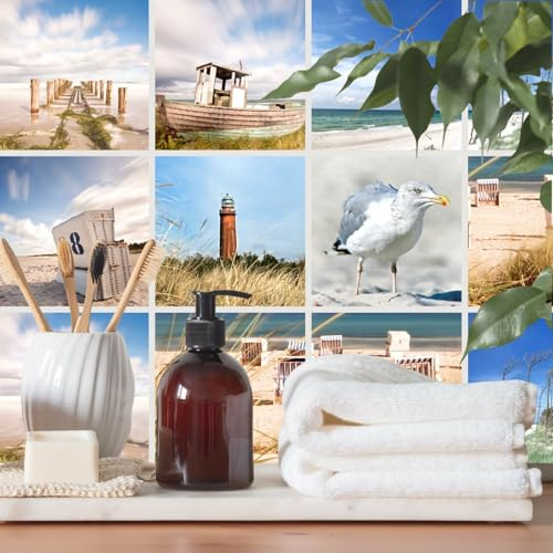 FoLIESEN Fliesenaufkleber für Bad, Küche, Badezimmer - Fliesen-Folie selbstklebend - Maritime Deko-Aufkleber - Strand-Collage, .:10x10 cm - 9-tlg.