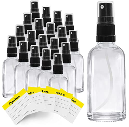 Oputec Lot de 20 flacons vaporisateurs en verre de 30 ml avec vaporisateur + 20 étiquettes inscriptibles - Bouteilles en verre transparent avec tête de pulvérisation fine - Petit flacon pulvérisateur