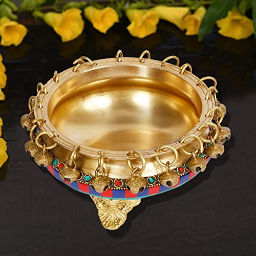 Artvarko™ Urli tradizionale in ottone multicolore lavorato a mano con campane fiori ciotola da esposizione per candele galleggianti decorazione casa e ufficio Diwali decorazione regalo 15,2 cm