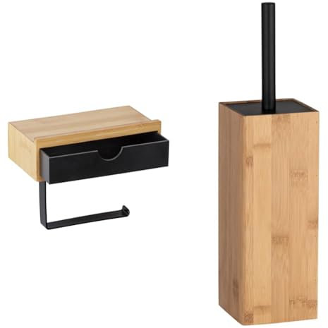 WENKO Toilettenpapierhalter Bambusa mit praktischer Ablage aus hochwertigem Bambus, 18,5 x 14 x 10,5 cm & WC-Garnitur Padua, geschlossener WC Bürstenhalter aus nachhaltigem Bambus, 10 x 38 x 10 cm