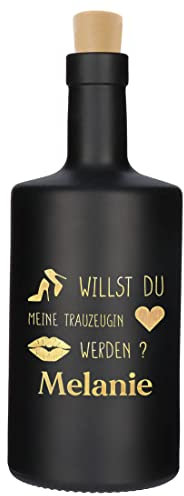 Leuchtflasche schwarz aus Glas mit personalisierter Gravur - Motiv Willst du meine Trauzeugin werden? - mit Lichterkette - DIY Geschenk - Trauzeugin - Trend LED-Technik - Hochzeitsgeschenk