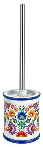 Baroni Home Portaspazzolino Bagno in Ceramica, Scopino per WC con Porta Scopino Dipinto a Mano, Accessori Bagno, Fantasia Fiori, 11x11x39 cm