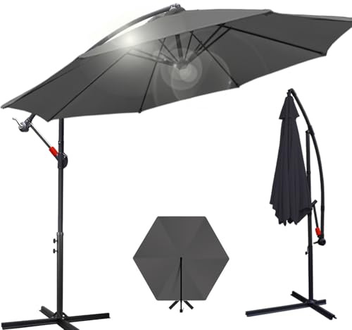 Joparri Parasol de jardin Gris Ø300 cm Avec support, manivelle Protection UV 50+, Aluminium, Imperméable, pour Exterieur Jardin, terrasse, Balcon