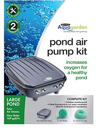 Aquagarden, Pond Air Pump Kit, Outdoor Weather Proof air Pump, Four Outlet Pond Oxygenator, Inc 4 Air Stones & 4 Air Lines, 169 gal/hr Flow Rate, Economical to Run, for Large Ponds