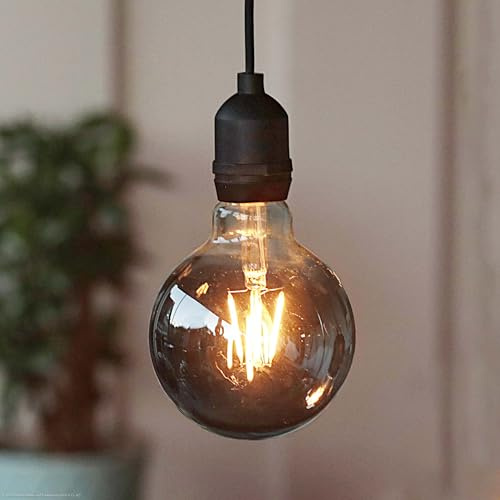 hellum Hängelampe mit Batterie, Fernbedienung Timer outdoor Ø9,5×13,7cm | Dimmbare Glühbirne outdoor rauchgrau mit Batterie (4xAA), LED Filament, G95, Retro Birne für Balkon, Hochzeit, Garten 150438