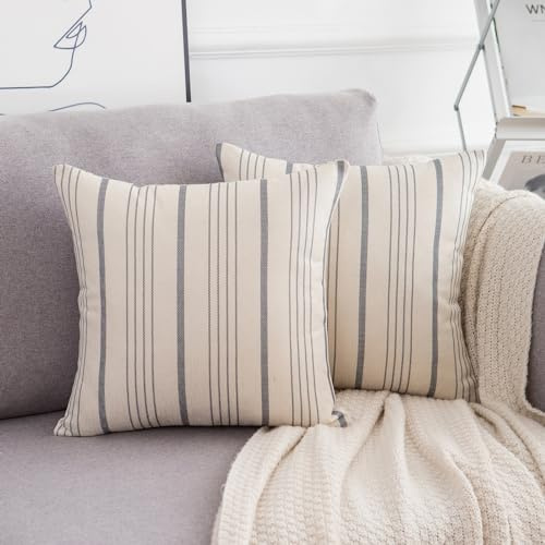 LRartdeco Federe Cuscini Divano 40x40 Cuscini Beige Federa decorativa a righe grigie Cuscini in Lino Copricuscini Divano Moderna Fodera Cuscino Autunno per Soggiorno Letto Auto Set di 2